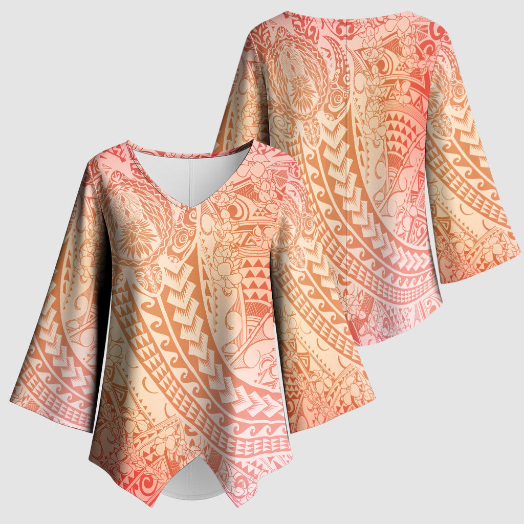 Hawaiian Turtles and Leis Kimono Sleeve Blouse Tribal Kakau Pattern Peach Fuzz Color LT03 - Polynesian Pride