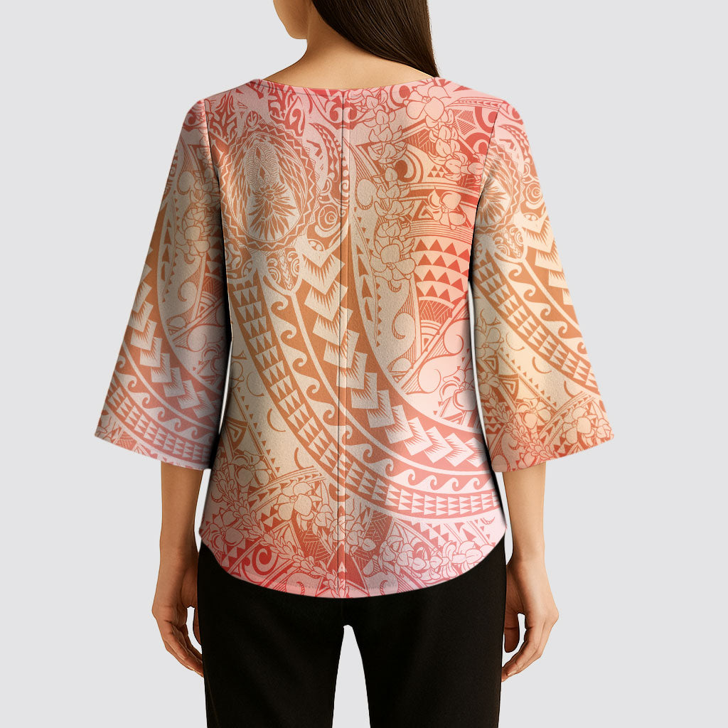 Hawaiian Turtles and Leis Kimono Sleeve Blouse Tribal Kakau Pattern Peach Fuzz Color LT03 - Polynesian Pride