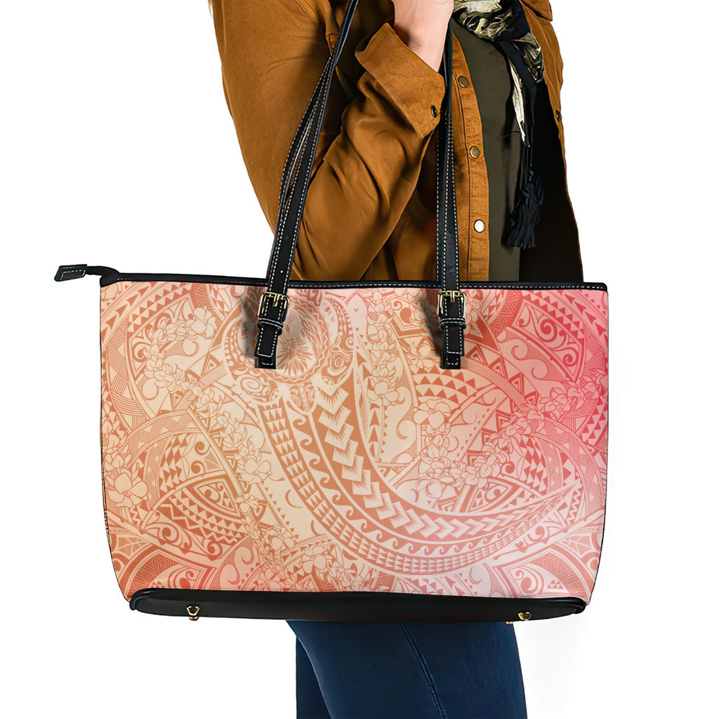 Hawaiian Turtles and Leis Leather Tote Bag Tribal Kakau Pattern Peach Fuzz Color LT03 - Polynesian Pride