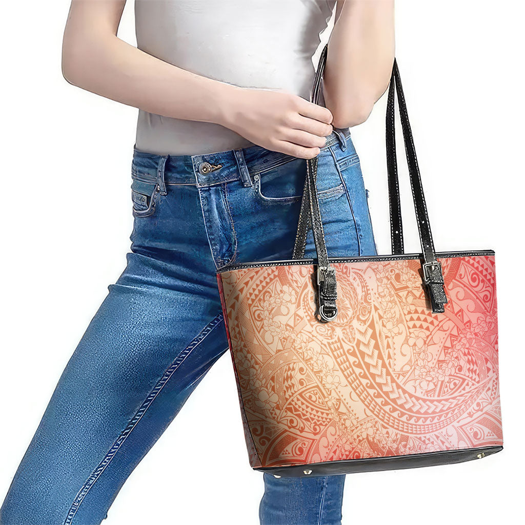 Hawaiian Turtles and Leis Leather Tote Bag Tribal Kakau Pattern Peach Fuzz Color LT03 - Polynesian Pride