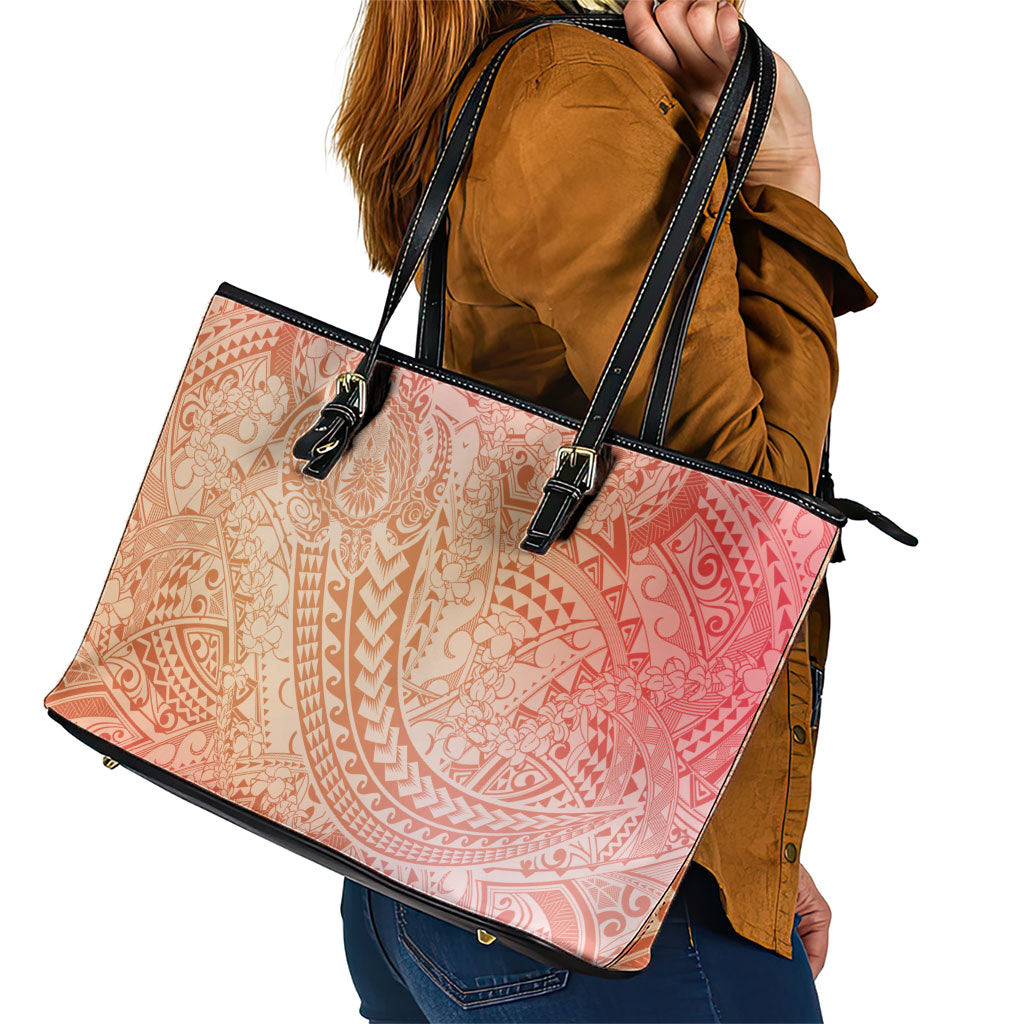 Hawaiian Turtles and Leis Leather Tote Bag Tribal Kakau Pattern Peach Fuzz Color LT03 - Polynesian Pride