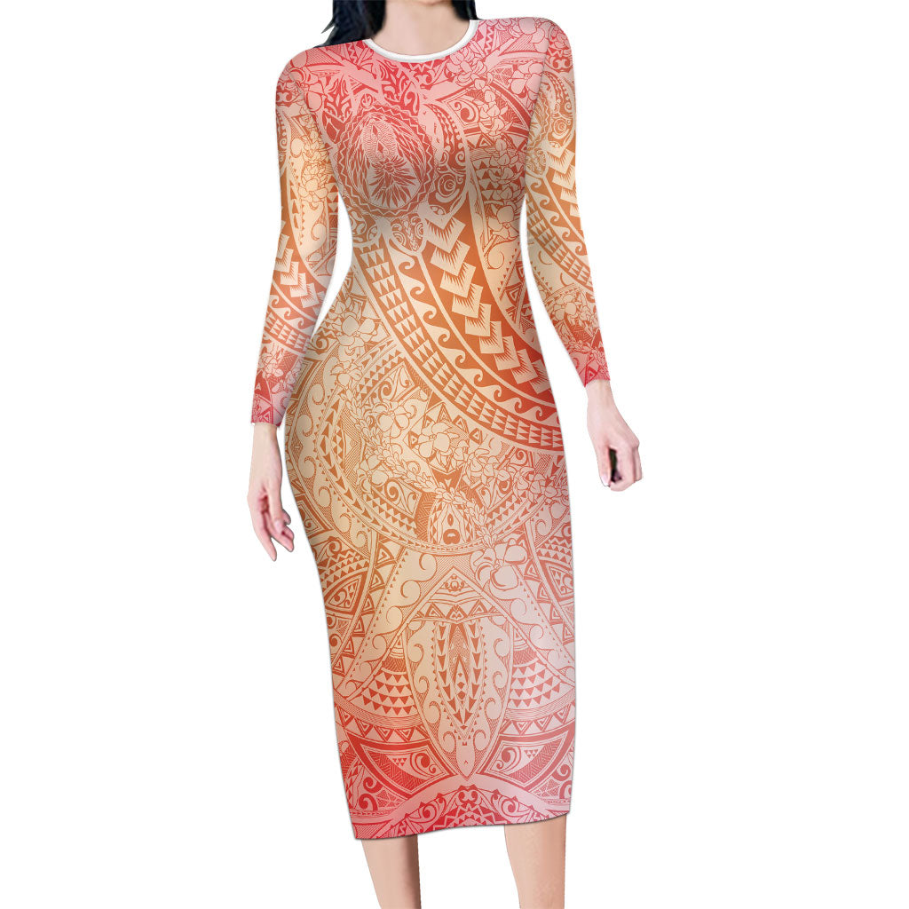 Hawaiian Turtles and Leis Long Sleeve Bodycon Dress Tribal Kakau Pattern Peach Fuzz Color LT03 Long Dress Peach Fuzz - Polynesian Pride