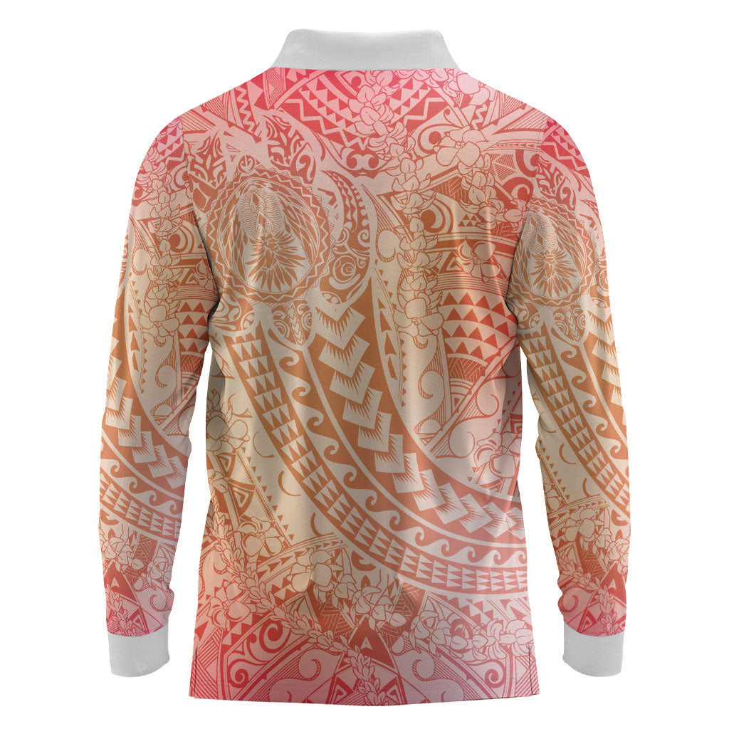 Hawaiian Turtles and Leis Long Sleeve Polo Shirt Tribal Kakau Pattern Peach Fuzz Color LT03 - Polynesian Pride