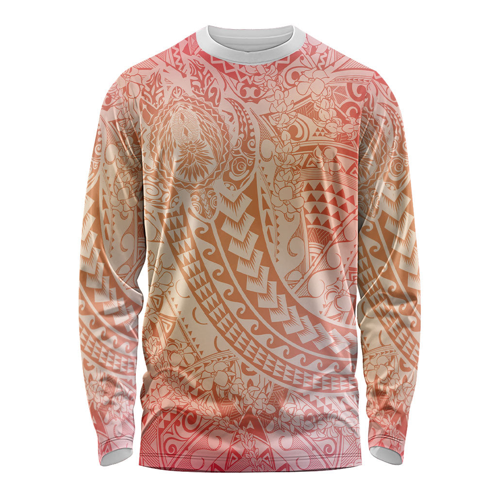 Hawaiian Turtles and Leis Long Sleeve Shirt Tribal Kakau Pattern Peach Fuzz Color LT03 Unisex Peach Fuzz - Polynesian Pride