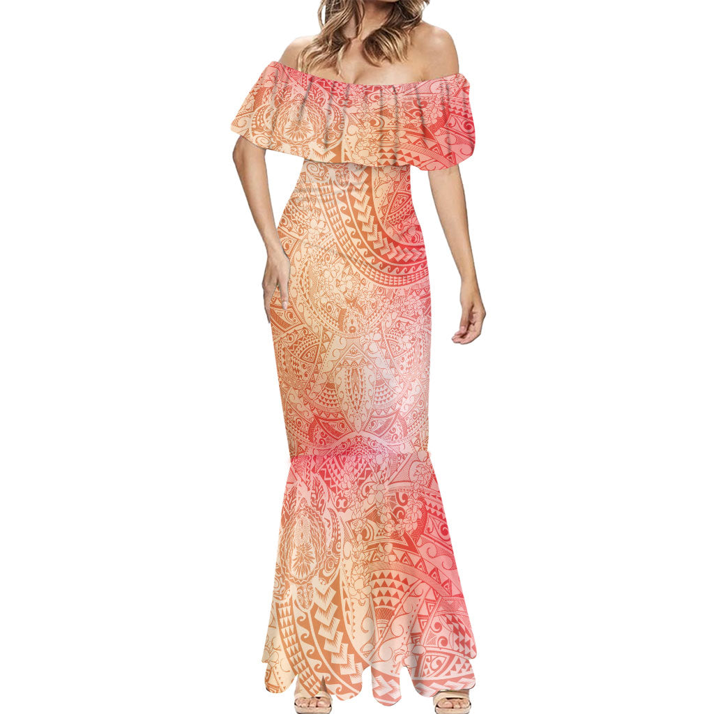 Hawaiian Turtles and Leis Mermaid Dress Tribal Kakau Pattern Peach Fuzz Color LT03 - Polynesian Pride