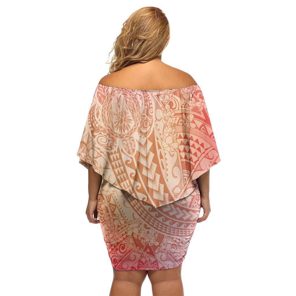 Hawaiian Turtles and Leis Off Shoulder Short Dress Tribal Kakau Pattern Peach Fuzz Color LT03 - Polynesian Pride
