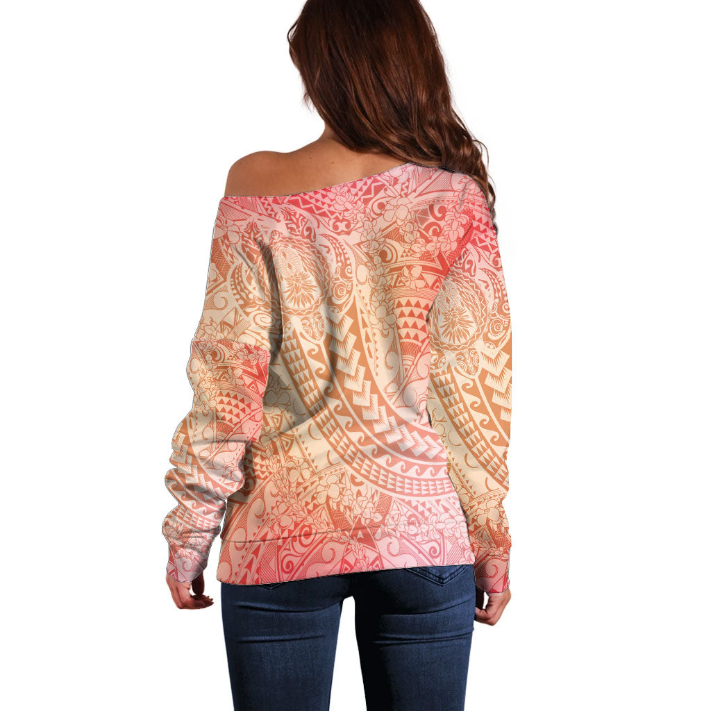 Hawaiian Turtles and Leis Off Shoulder Sweater Tribal Kakau Pattern Peach Fuzz Color LT03 - Polynesian Pride