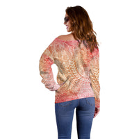 Hawaiian Turtles and Leis Off Shoulder Sweater Tribal Kakau Pattern Peach Fuzz Color LT03 - Polynesian Pride