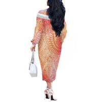 Hawaiian Turtles and Leis Off The Shoulder Long Sleeve Dress Tribal Kakau Pattern Peach Fuzz Color LT03 - Polynesian Pride