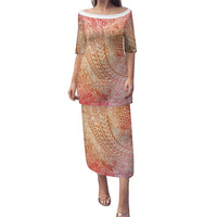 Hawaiian Turtles and Leis Puletasi Tribal Kakau Pattern Peach Fuzz Color LT03 Long Dress Peach Fuzz - Polynesian Pride