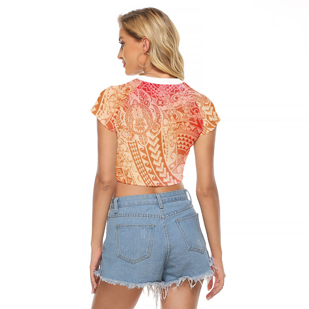 Hawaiian Turtles and Leis Raglan Cropped T Shirt Tribal Kakau Pattern Peach Fuzz Color LT03 - Polynesian Pride