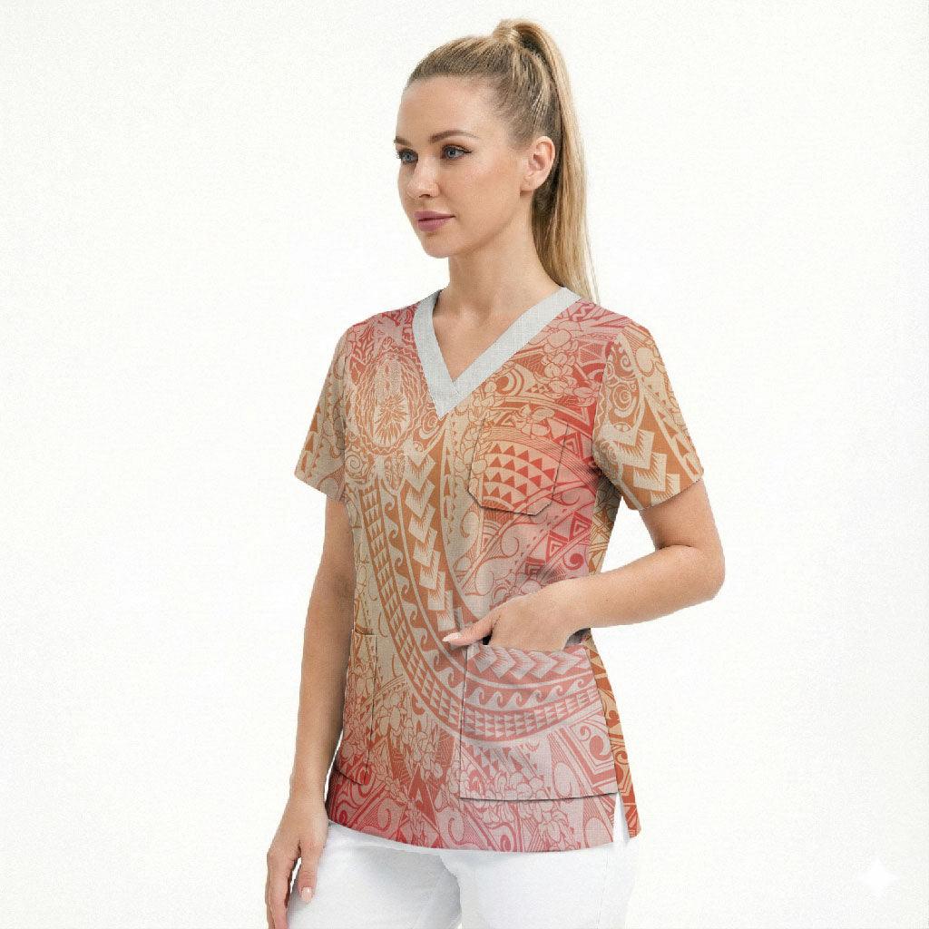 Hawaiian Turtles and Leis Scrub Top Tribal Kakau Pattern Peach Fuzz Color LT03 - Polynesian Pride
