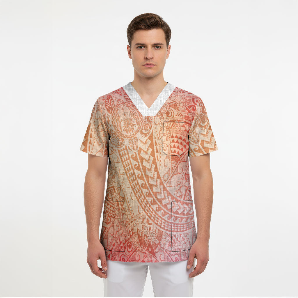 Hawaiian Turtles and Leis Scrub Top Tribal Kakau Pattern Peach Fuzz Color LT03 - Polynesian Pride