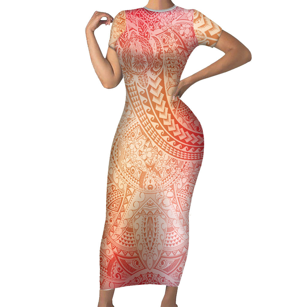 Hawaiian Turtles and Leis Short Sleeve Bodycon Dress Tribal Kakau Pattern Peach Fuzz Color LT03 Long Dress Peach Fuzz - Polynesian Pride