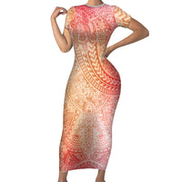 Hawaiian Turtles and Leis Short Sleeve Bodycon Dress Tribal Kakau Pattern Peach Fuzz Color LT03 Long Dress Peach Fuzz - Polynesian Pride