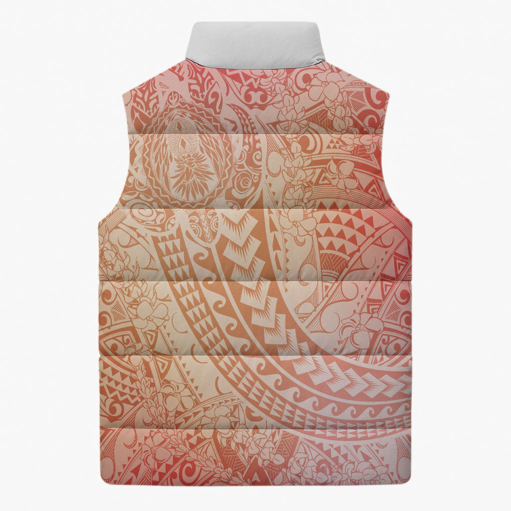Hawaiian Turtles and Leis Sleeveless Puffer Jacket Tribal Kakau Pattern Peach Fuzz Color LT03 - Polynesian Pride