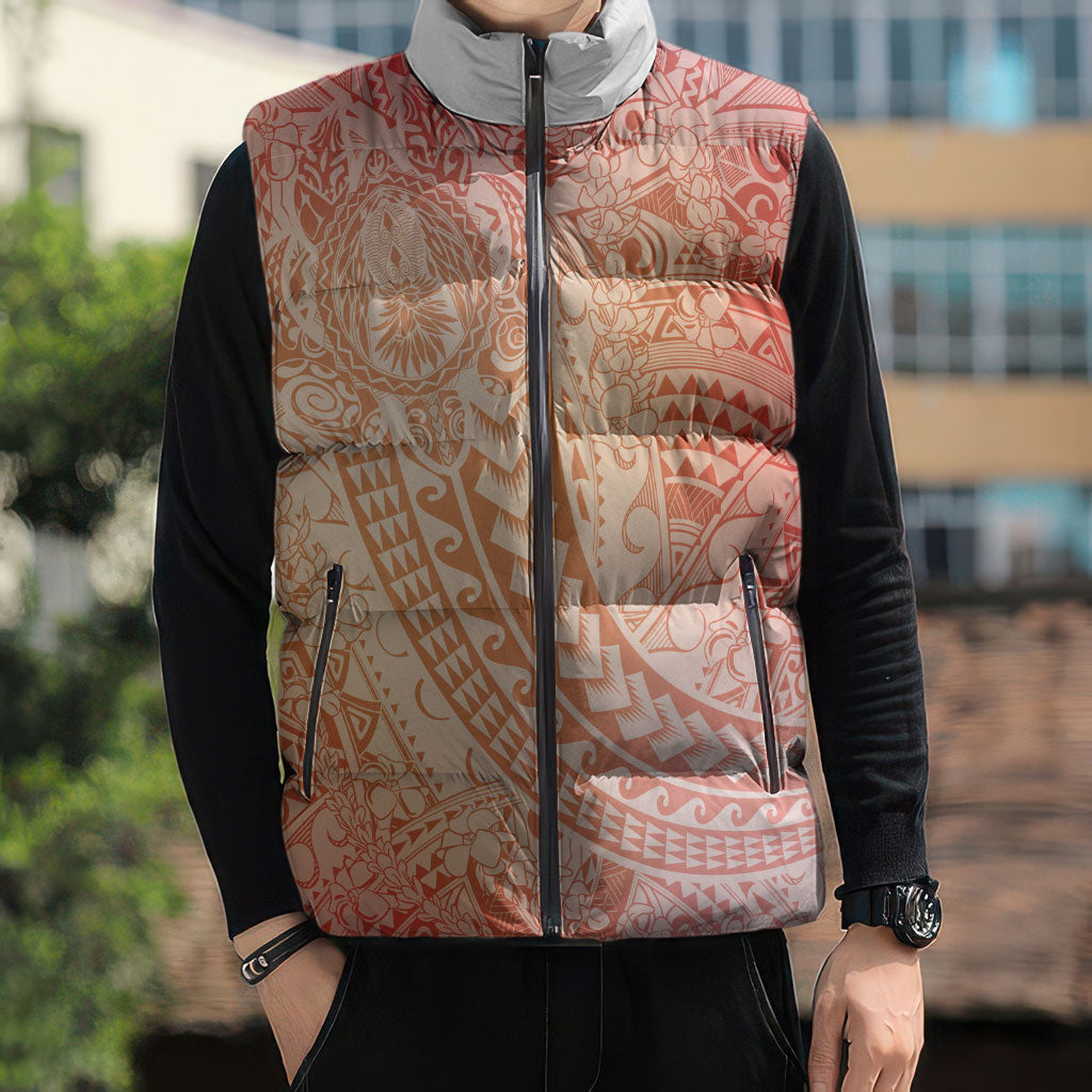 Hawaiian Turtles and Leis Sleeveless Puffer Jacket Tribal Kakau Pattern Peach Fuzz Color LT03 - Polynesian Pride