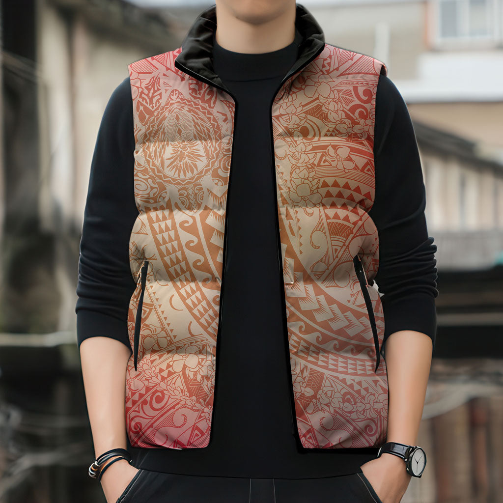Hawaiian Turtles and Leis Sleeveless Puffer Jacket Tribal Kakau Pattern Peach Fuzz Color LT03 - Polynesian Pride