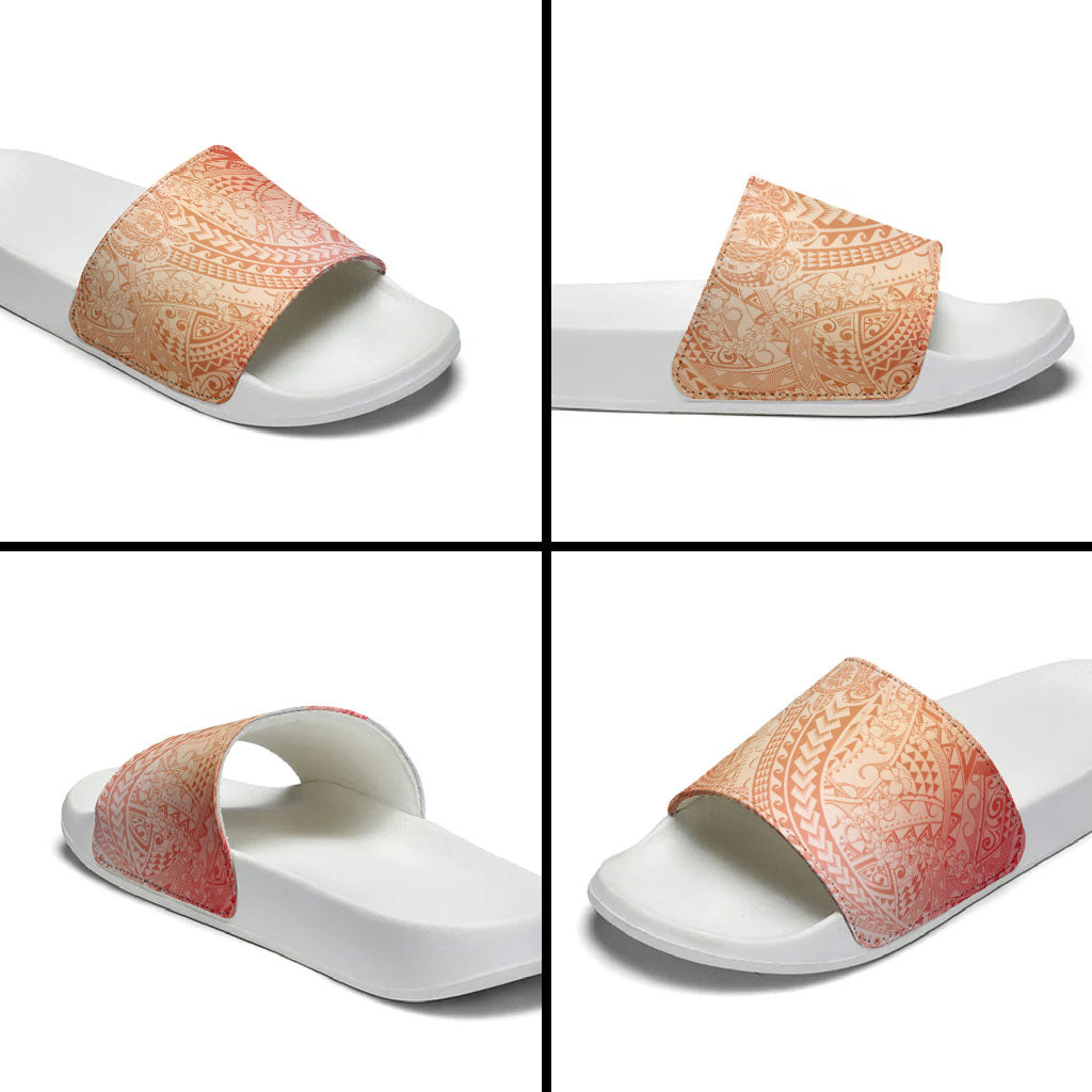 Hawaiian Turtles and Leis Slide Sandals Tribal Kakau Pattern Peach Fuzz Color LT03 - Polynesian Pride