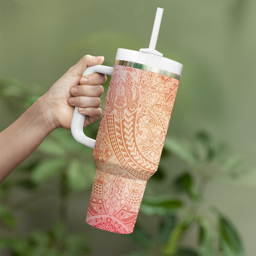 Hawaiian Turtles and Leis Tumbler With Handle Tribal Kakau Pattern Peach Fuzz Color LT03 - Polynesian Pride