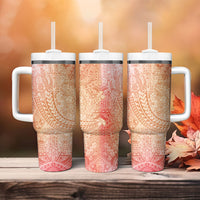 Hawaiian Turtles and Leis Tumbler With Handle Tribal Kakau Pattern Peach Fuzz Color LT03 - Polynesian Pride