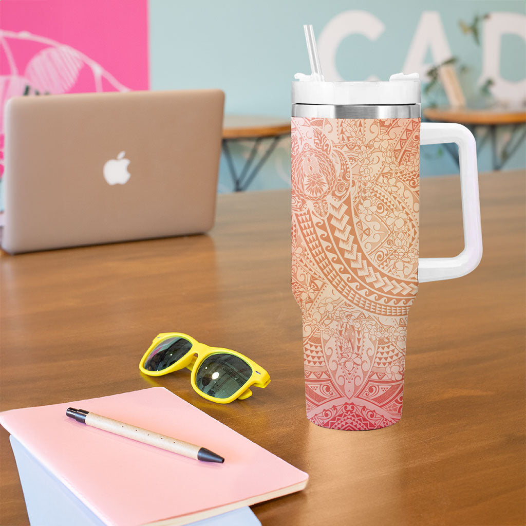 Hawaiian Turtles and Leis Tumbler With Handle Tribal Kakau Pattern Peach Fuzz Color LT03 - Polynesian Pride