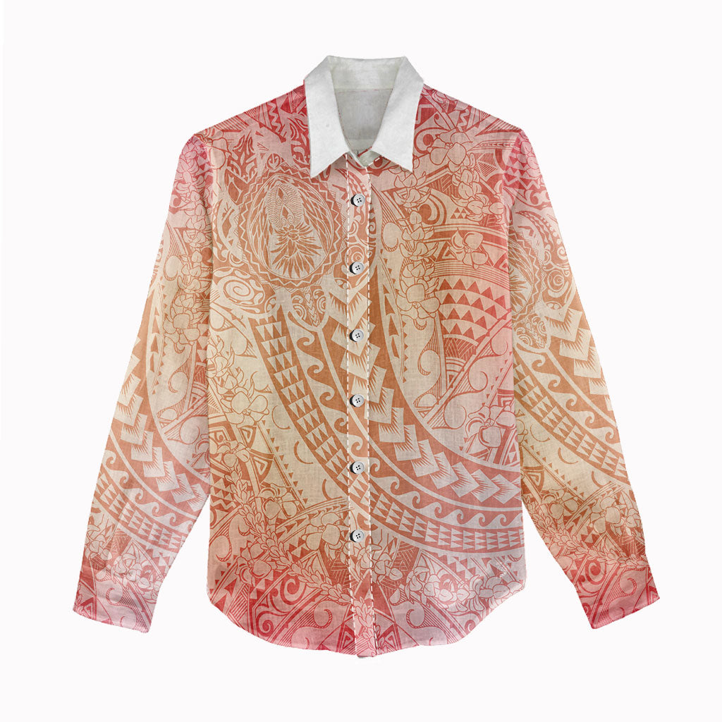 Hawaiian Turtles and Leis Women Casual Shirt Tribal Kakau Pattern Peach Fuzz Color LT03 - Polynesian Pride