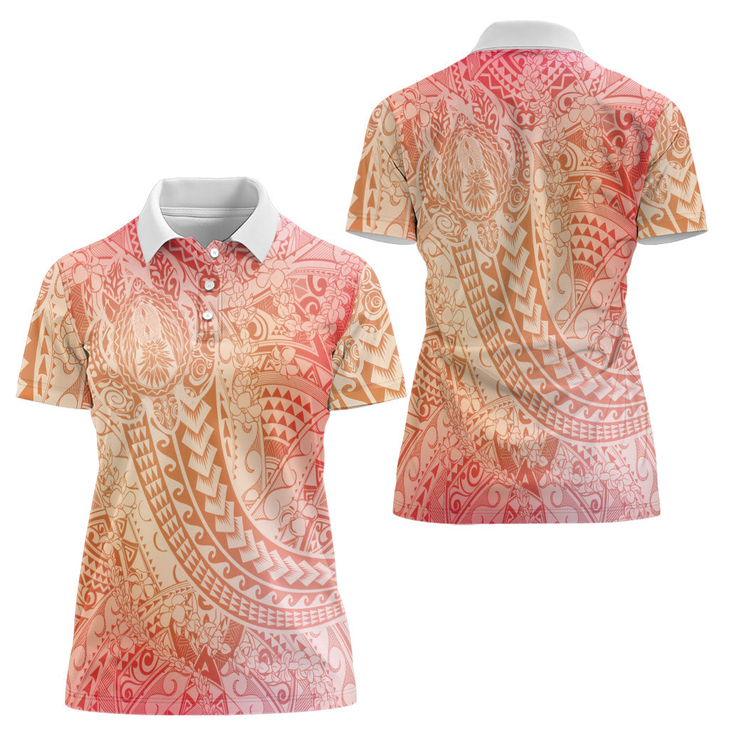 Hawaiian Turtles and Leis Women Polo Shirt Tribal Kakau Pattern Peach Fuzz Color LT03 - Polynesian Pride