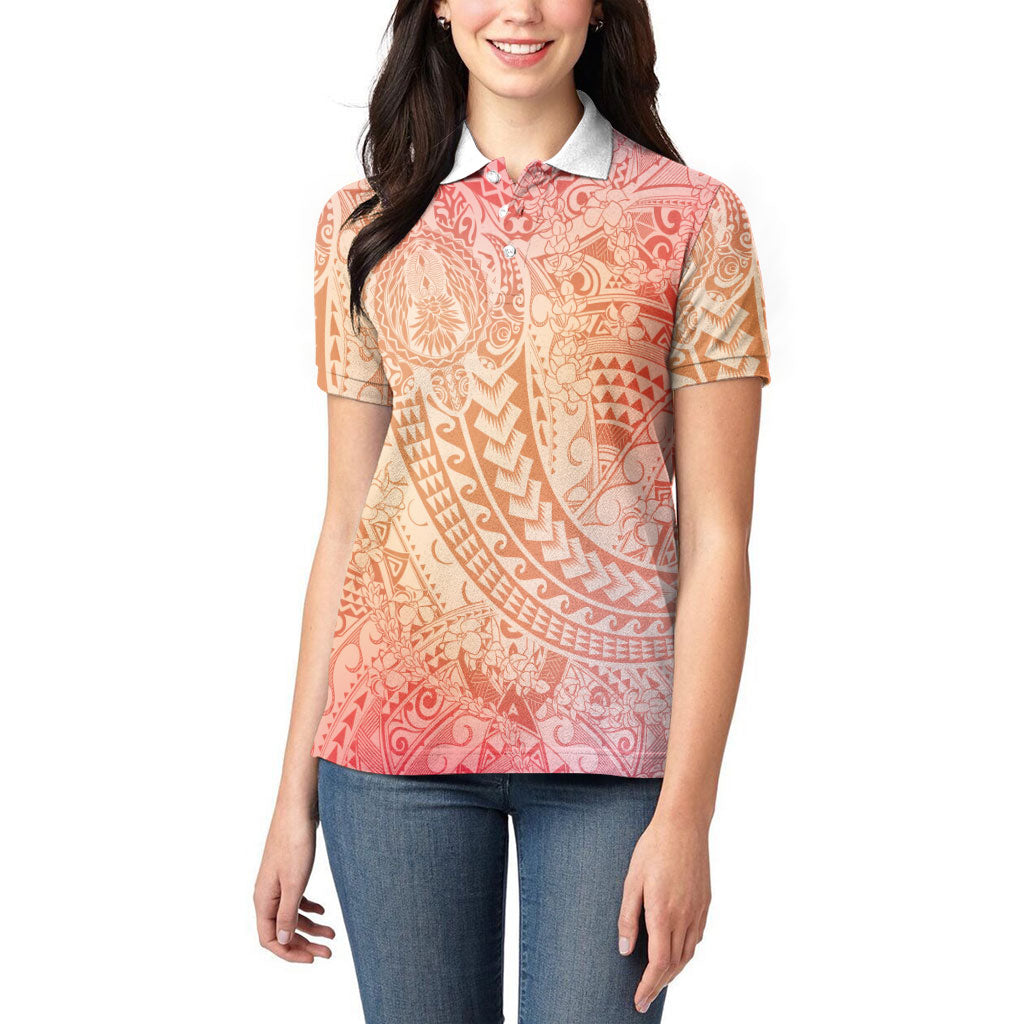 Hawaiian Turtles and Leis Women Polo Shirt Tribal Kakau Pattern Peach Fuzz Color LT03 - Polynesian Pride