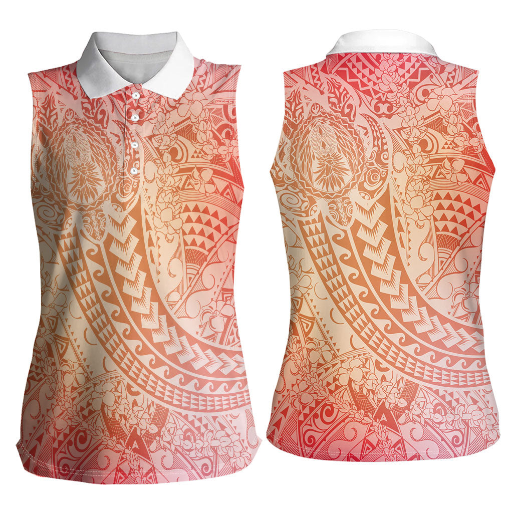 Hawaiian Turtles and Leis Women Sleeveless Polo Shirt Tribal Kakau Pattern Peach Fuzz Color LT03 - Polynesian Pride