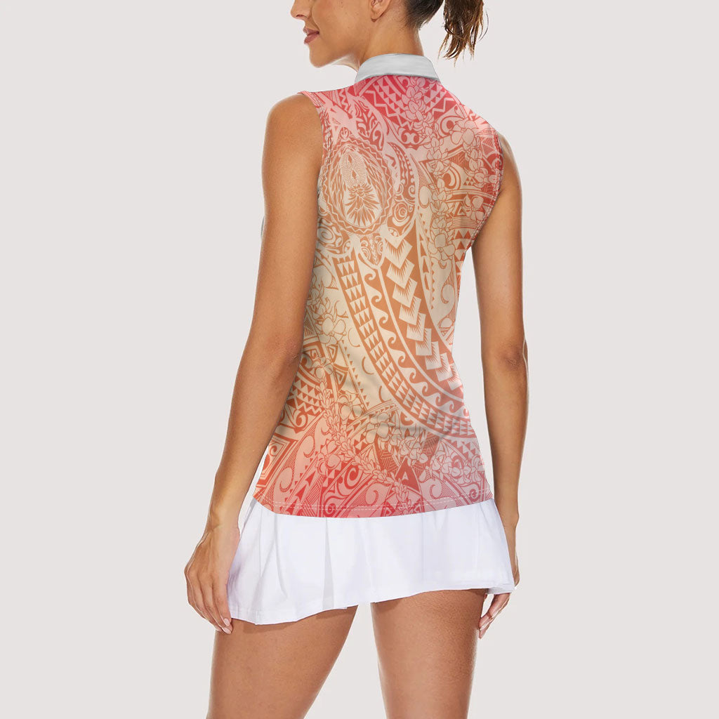 Hawaiian Turtles and Leis Women Sleeveless Polo Shirt Tribal Kakau Pattern Peach Fuzz Color LT03 - Polynesian Pride