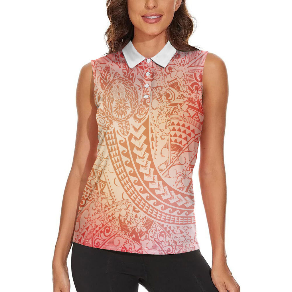 Hawaiian Turtles and Leis Women Sleeveless Polo Shirt Tribal Kakau Pattern Peach Fuzz Color LT03 - Polynesian Pride