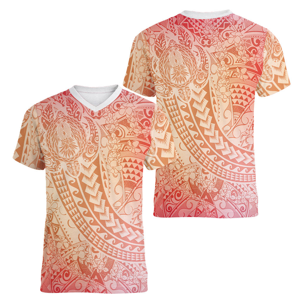 Hawaiian Turtles and Leis Women V-Neck T-Shirt Tribal Kakau Pattern Peach Fuzz Color LT03 - Polynesian Pride