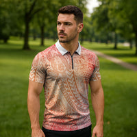 Hawaiian Turtles and Leis Zipper Polo Shirt Tribal Kakau Pattern Peach Fuzz Color LT03 - Polynesian Pride
