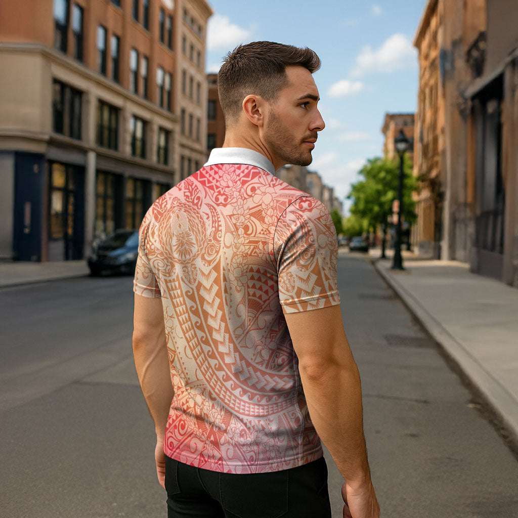 Hawaiian Turtles and Leis Zipper Polo Shirt Tribal Kakau Pattern Peach Fuzz Color LT03 - Polynesian Pride