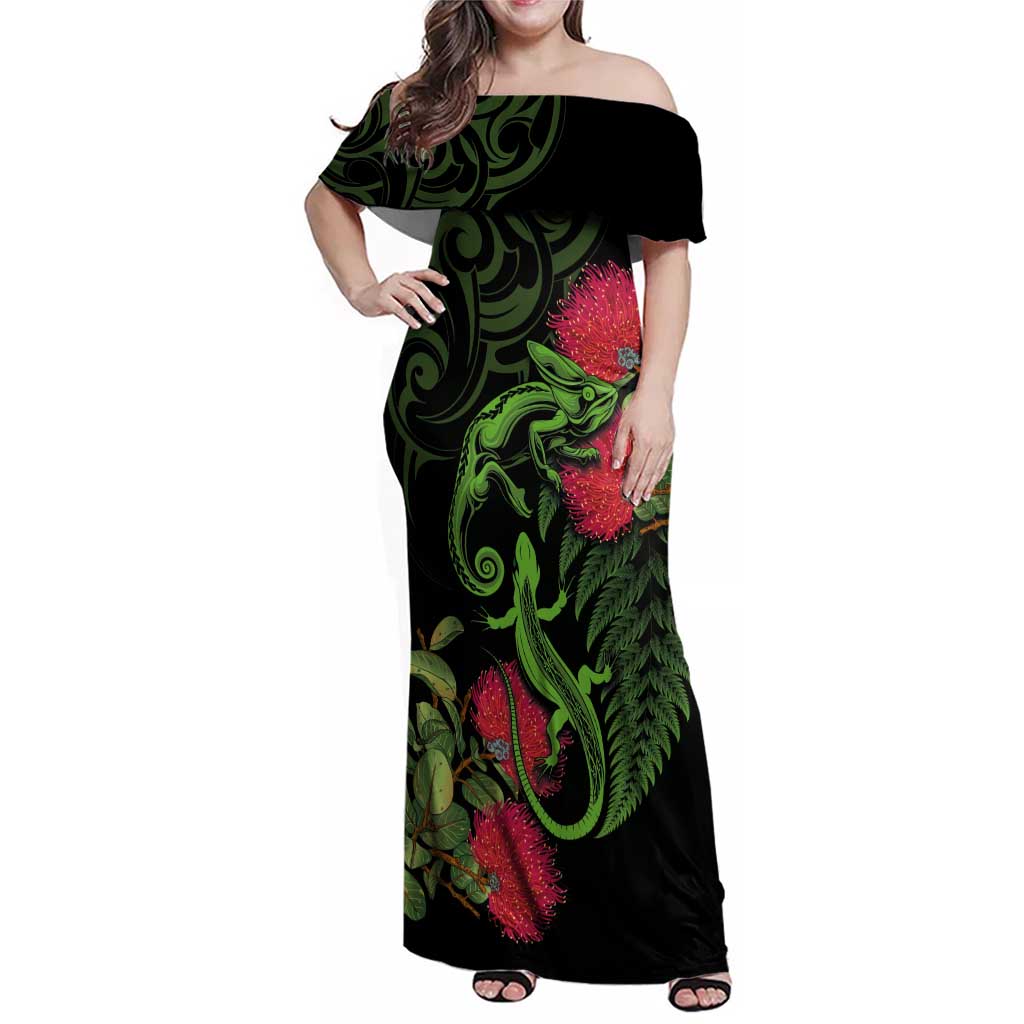New Zealand Chameleon and Gecko Family Matching Off Shoulder Maxi Dress and Hawaiian Shirt Maori Silver Fern and Pohutukawa Decoration