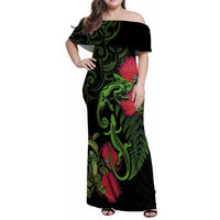 New Zealand Chameleon and Gecko Family Matching Off Shoulder Maxi Dress and Hawaiian Shirt Maori Silver Fern and Pohutukawa Decoration