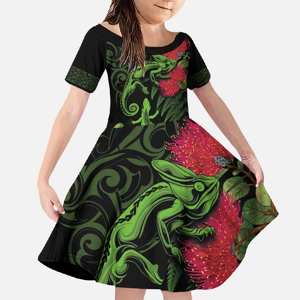 New Zealand Chameleon and Gecko Family Matching Tank Maxi Dress and Hawaiian Shirt Maori Silver Fern and Pohutukawa Decoration LT03 Daughter's Dress Green - Polynesian Pride