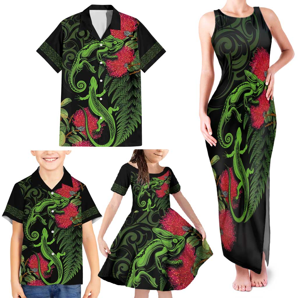 New Zealand Chameleon and Gecko Family Matching Tank Maxi Dress and Hawaiian Shirt Maori Silver Fern and Pohutukawa Decoration LT03 - Polynesian Pride