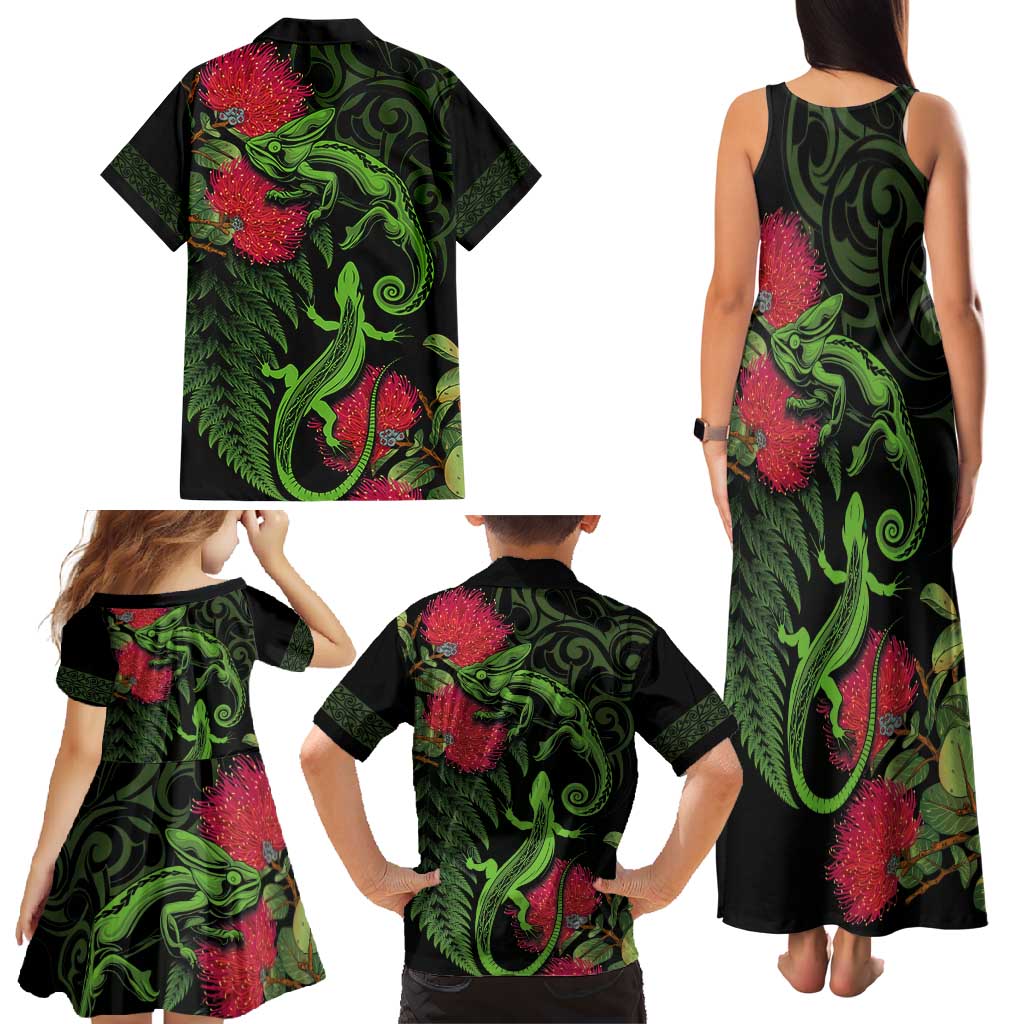 New Zealand Chameleon and Gecko Family Matching Tank Maxi Dress and Hawaiian Shirt Maori Silver Fern and Pohutukawa Decoration LT03 - Polynesian Pride