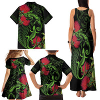 New Zealand Chameleon and Gecko Family Matching Tank Maxi Dress and Hawaiian Shirt Maori Silver Fern and Pohutukawa Decoration LT03 - Polynesian Pride