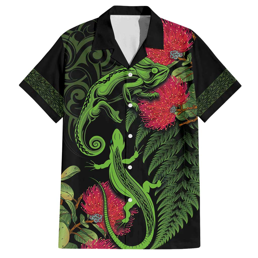 New Zealand Chameleon and Gecko Family Matching Tank Maxi Dress and Hawaiian Shirt Maori Silver Fern and Pohutukawa Decoration LT03 Dad's Shirt - Short Sleeve Green - Polynesian Pride