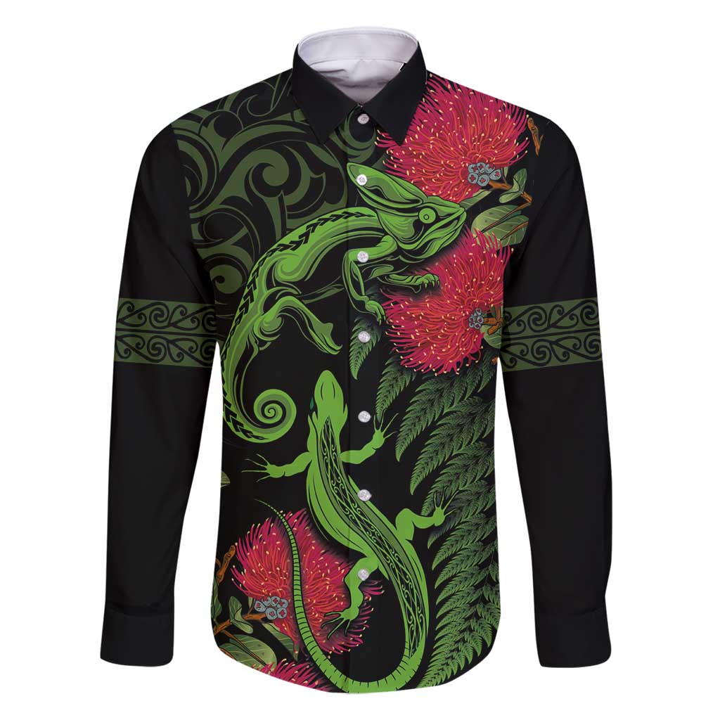 New Zealand Chameleon and Gecko Family Matching Tank Maxi Dress and Hawaiian Shirt Maori Silver Fern and Pohutukawa Decoration LT03 Dad's Shirt - Long Sleeve Green - Polynesian Pride