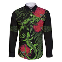 New Zealand Chameleon and Gecko Family Matching Tank Maxi Dress and Hawaiian Shirt Maori Silver Fern and Pohutukawa Decoration LT03 Dad's Shirt - Long Sleeve Green - Polynesian Pride