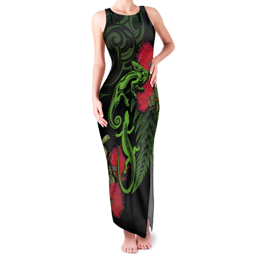 New Zealand Chameleon and Gecko Family Matching Tank Maxi Dress and Hawaiian Shirt Maori Silver Fern and Pohutukawa Decoration LT03 Mom's Dress Green - Polynesian Pride