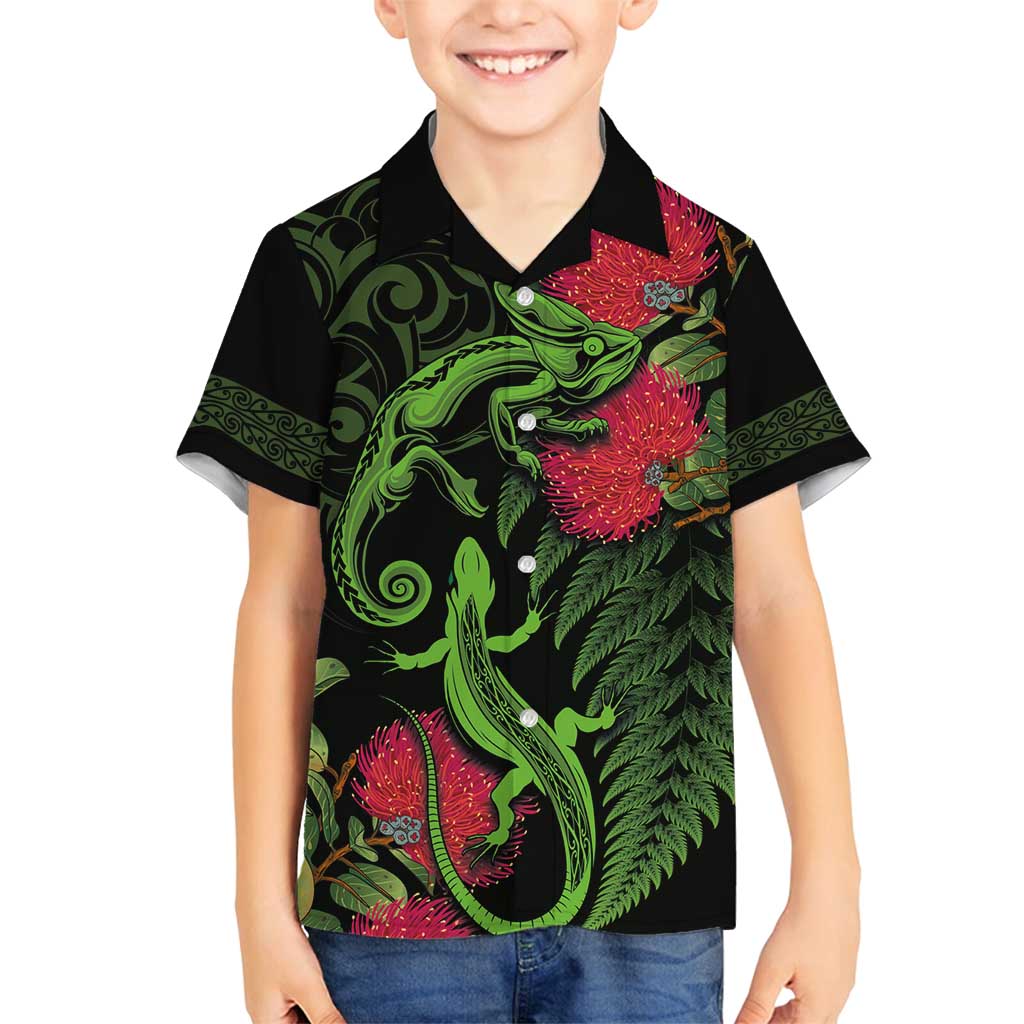 New Zealand Chameleon and Gecko Family Matching Tank Maxi Dress and Hawaiian Shirt Maori Silver Fern and Pohutukawa Decoration LT03 Son's Shirt Green - Polynesian Pride