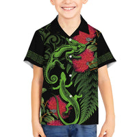 New Zealand Chameleon and Gecko Family Matching Tank Maxi Dress and Hawaiian Shirt Maori Silver Fern and Pohutukawa Decoration LT03 Son's Shirt Green - Polynesian Pride
