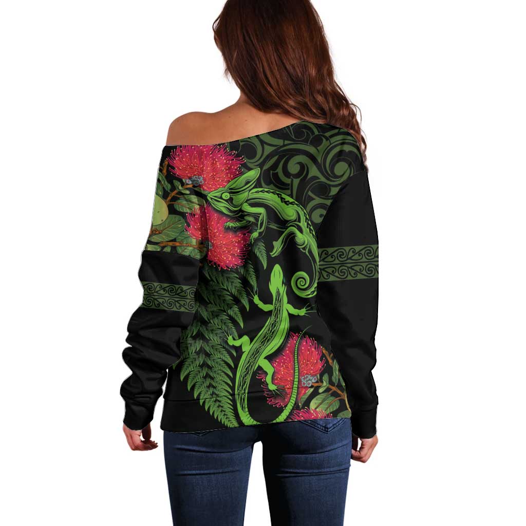 New Zealand Chameleon and Gecko Off Shoulder Sweater Maori Silver Fern and Pohutukawa Decoration