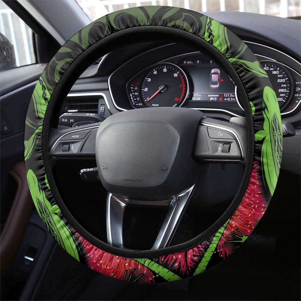 New Zealand Chameleon and Gecko Steering Wheel Cover Maori Silver Fern and Pohutukawa Decoration
