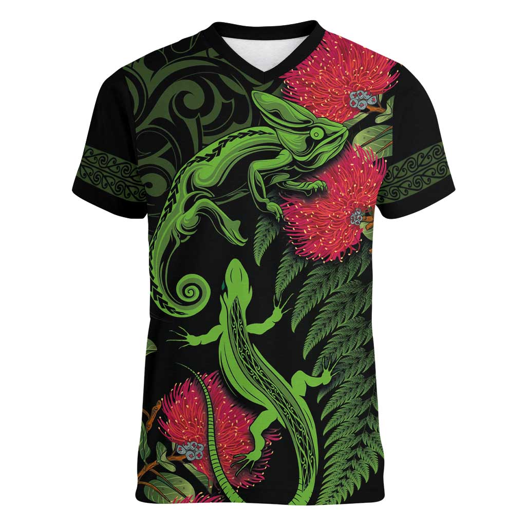New Zealand Chameleon and Gecko Women V-Neck T-Shirt Maori Silver Fern and Pohutukawa Decoration LT03 Female Green - Polynesian Pride